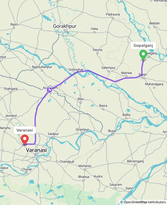 Route map showing distance and travel time from Gopalganj, India to Varanasi, India