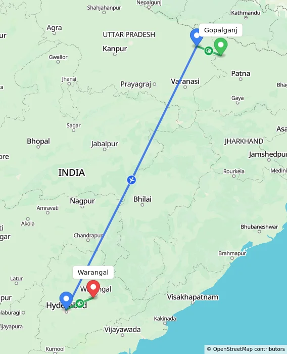 Route map showing distance and travel time from Gopalganj, India to Warangal, India