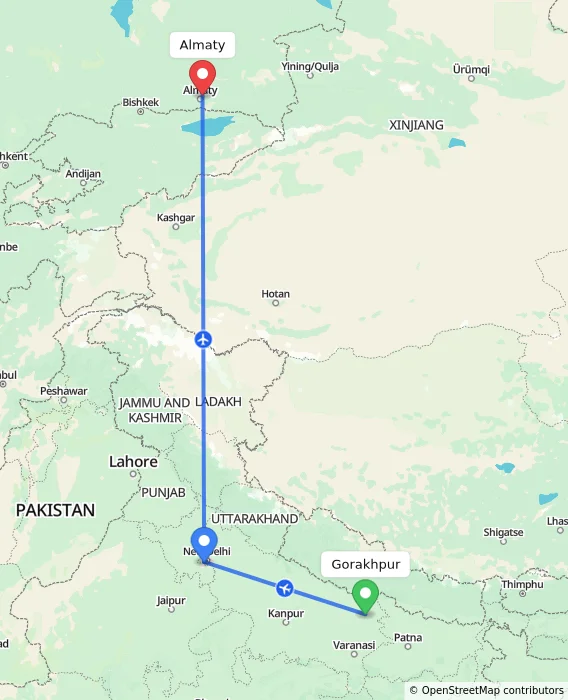 Route map showing distance and travel time from Gorakhpur, India to Almaty, Kazakhstan