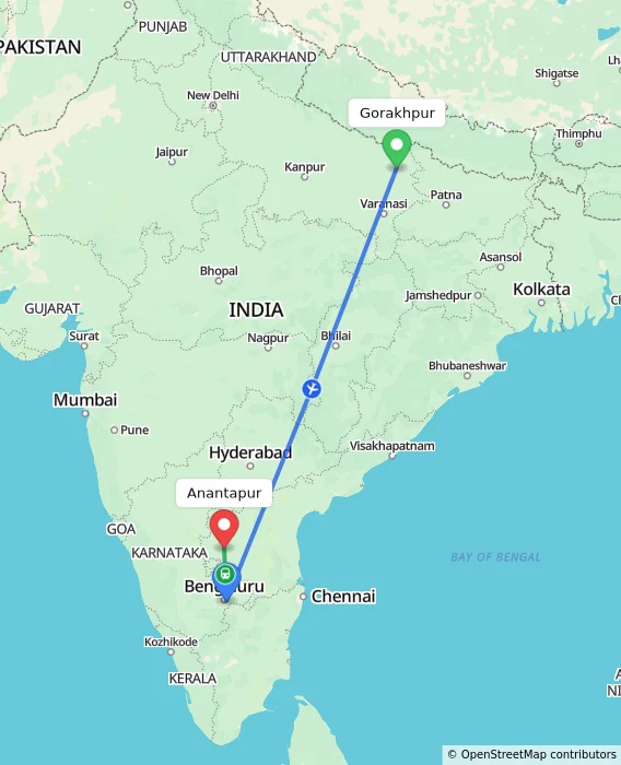 Route map showing distance and travel time from Gorakhpur, India to Anantapur, India