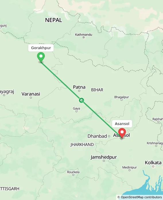 Route map showing distance and travel time from Gorakhpur, India to Asansol, India