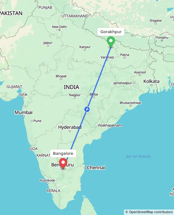 Route map showing distance and travel time from Gorakhpur, India to Bangalore, India