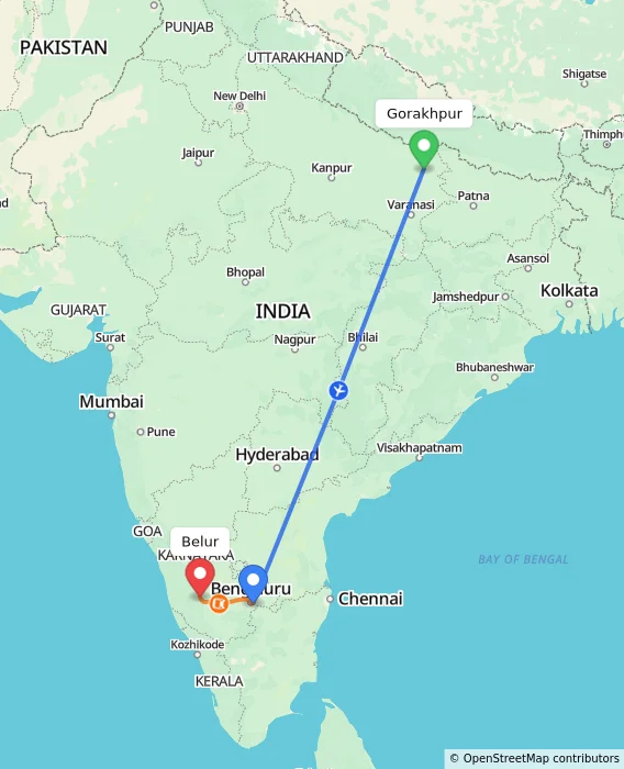 Route map showing distance and travel time from Gorakhpur, India to Belur, India