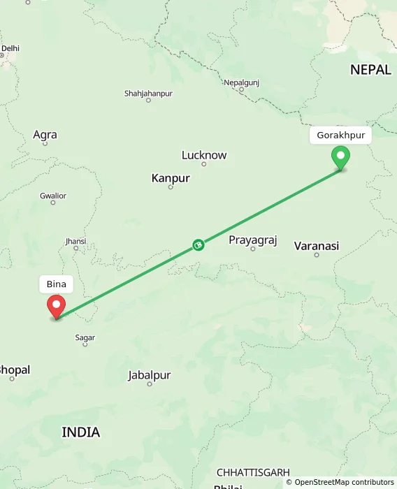 Route map showing distance and travel time from Gorakhpur, India to Bina, India