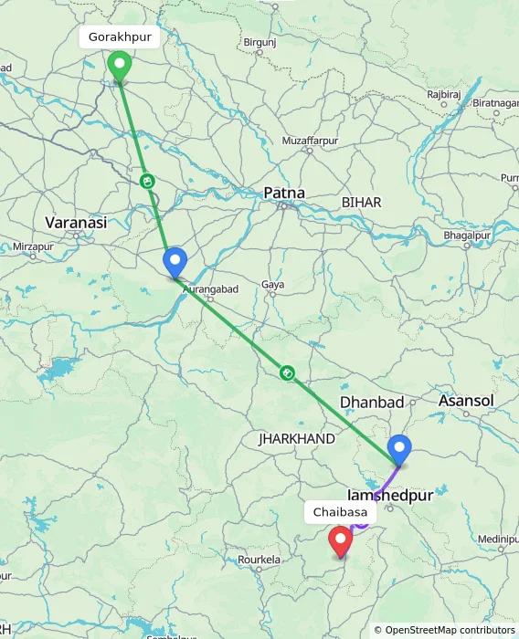 Route map showing distance and travel time from Gorakhpur, India to Chaibasa, India