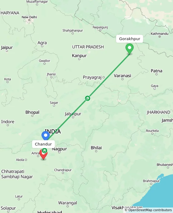 Route map showing distance and travel time from Gorakhpur, India to Chandur, India
