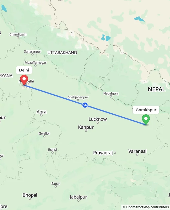 Route map showing distance and travel time from Gorakhpur, India to Delhi, India