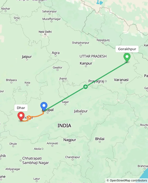 Route map showing distance and travel time from Gorakhpur, India to Dhar, India