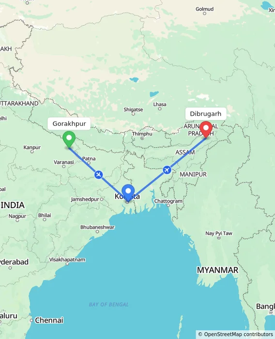 Route map showing distance and travel time from Gorakhpur, India to Dibrugarh, India