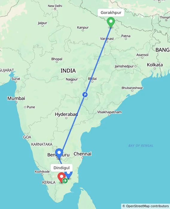 Route map showing distance and travel time from Gorakhpur, India to Dindigul, India