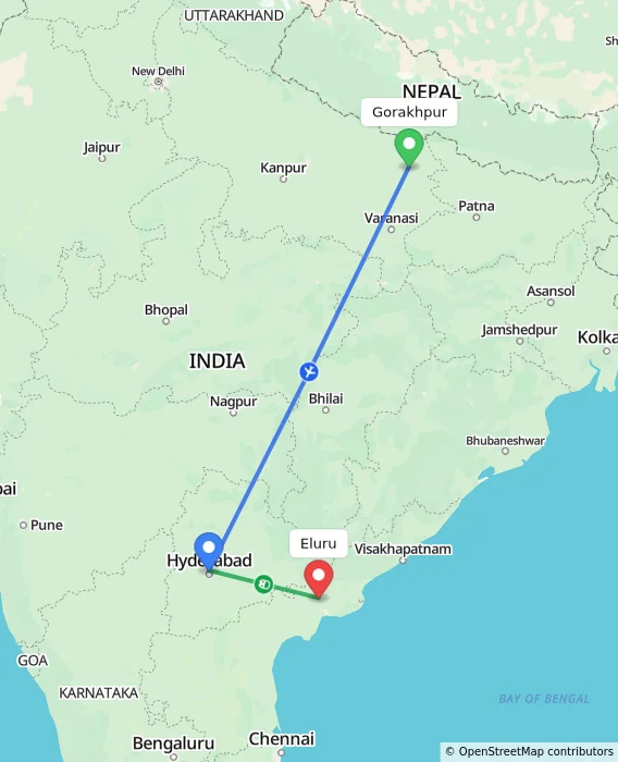 Route map showing distance and travel time from Gorakhpur, India to Eluru, India