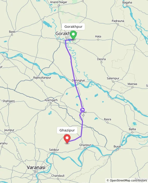 Route map showing distance and travel time from Gorakhpur, India to Ghazipur, India