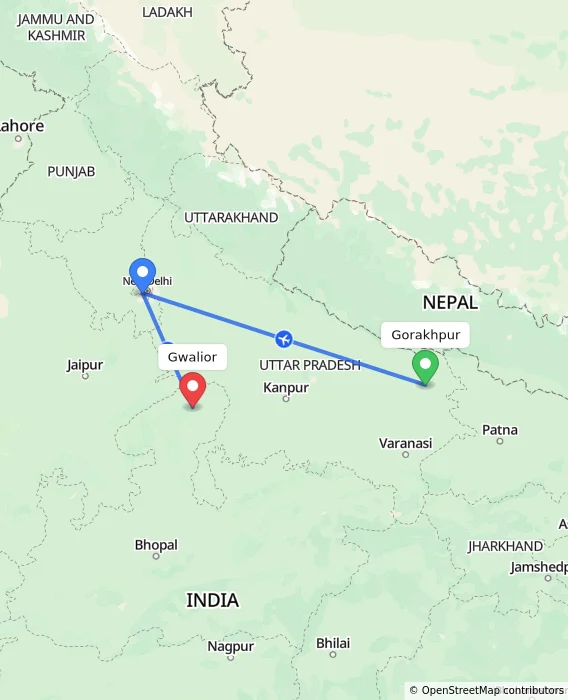 Route map showing distance and travel time from Gorakhpur, India to Gwalior, India