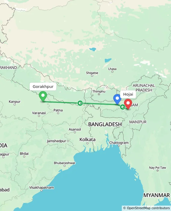 Route map showing distance and travel time from Gorakhpur, India to Hojai, India
