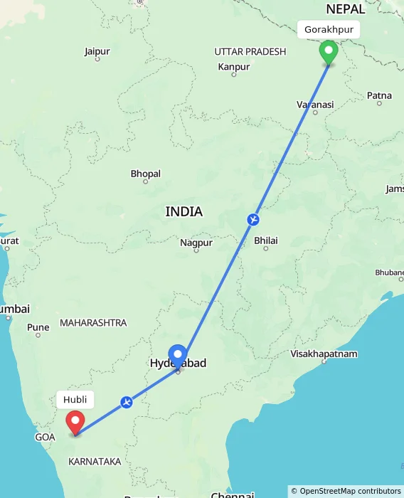 Route map showing distance and travel time from Gorakhpur, India to Hubli, India