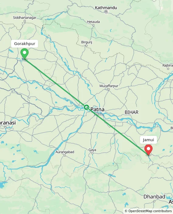 Route map showing distance and travel time from Gorakhpur, India to Jamui, India