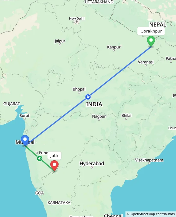 Route map showing distance and travel time from Gorakhpur, India to Jath, India