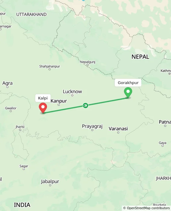 Route map showing distance and travel time from Gorakhpur, India to Kalpi, India