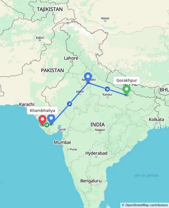 Route map showing distance and travel time from Gorakhpur, India to Khambhaliya, India