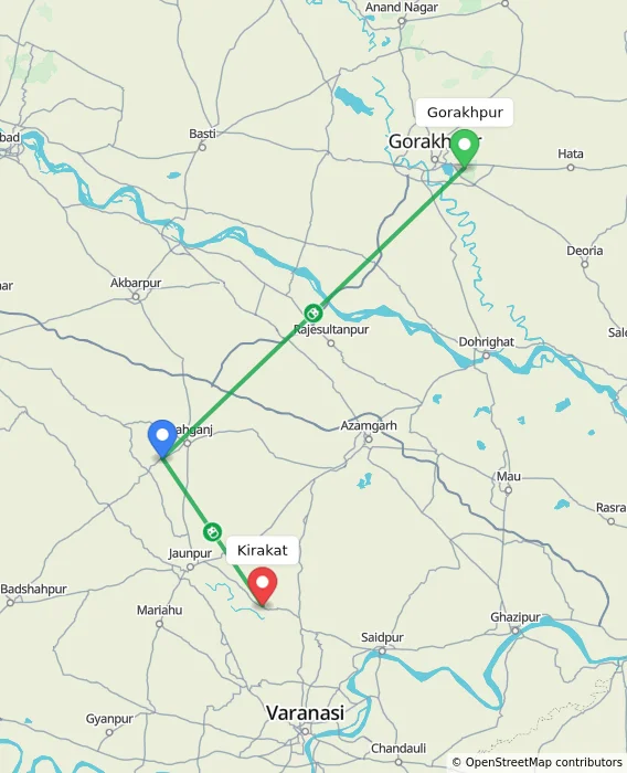 Route map showing distance and travel time from Gorakhpur, India to Kirakat, India