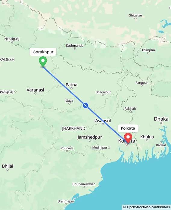 Route map showing distance and travel time from Gorakhpur, India to Kolkata, India