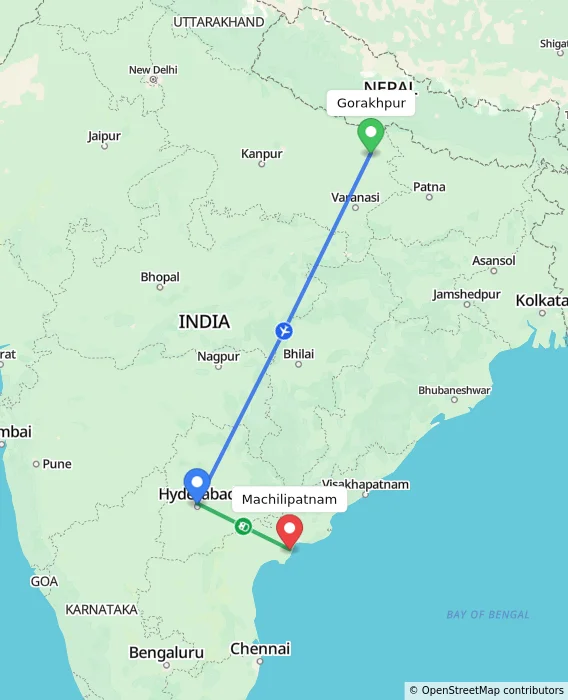 Route map showing distance and travel time from Gorakhpur, India to Machilipatnam, India