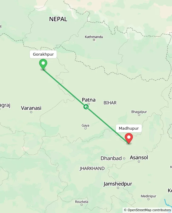 Route map showing distance and travel time from Gorakhpur, India to Madhupur, India