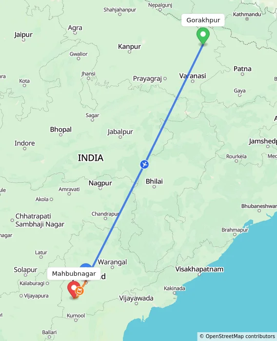 Route map showing distance and travel time from Gorakhpur, India to Mahbubnagar, India