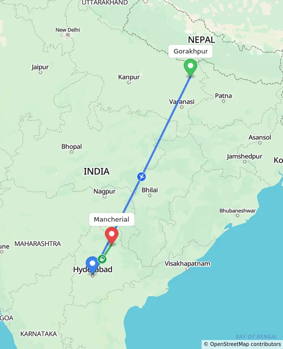 Route map showing distance and travel time from Gorakhpur, India to Mancherial, India