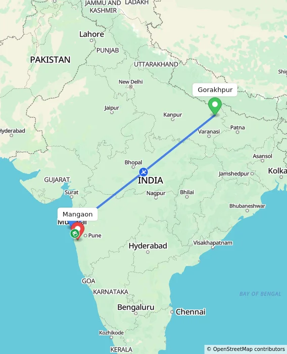 Route map showing distance and travel time from Gorakhpur, India to Mangaon, India