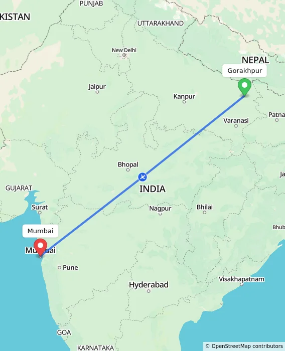 Route map showing distance and travel time from Gorakhpur, India to Mumbai, India