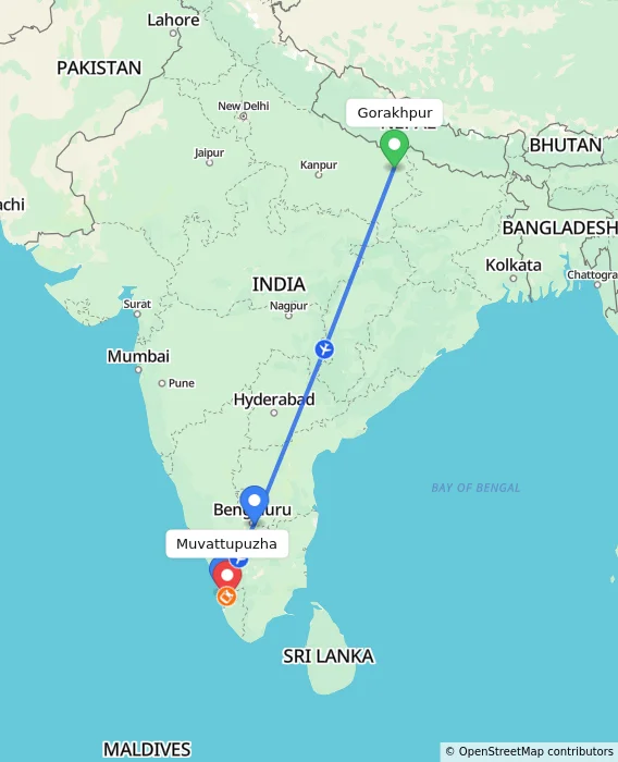Route map showing distance and travel time from Gorakhpur, India to Muvattupuzha, India