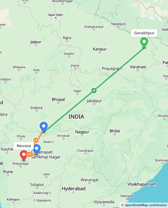 Route map showing distance and travel time from Gorakhpur, India to Nevasa, India