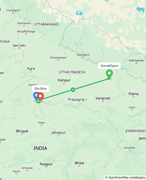 Route map showing distance and travel time from Gorakhpur, India to Orchha, India