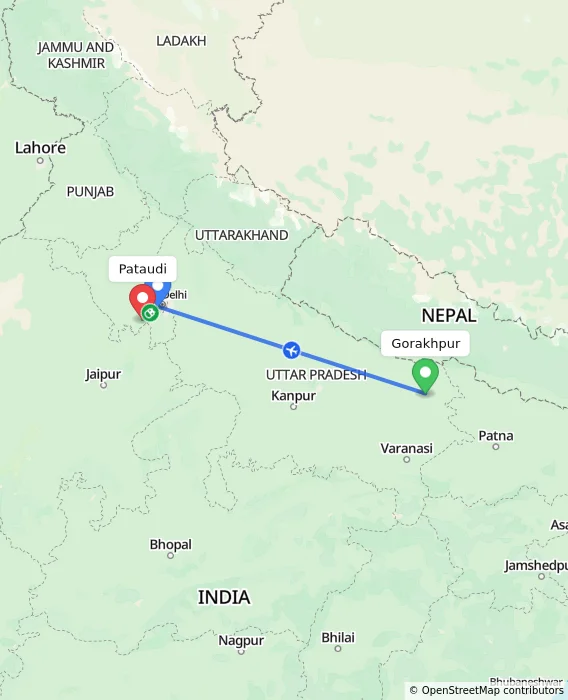 Route map showing distance and travel time from Gorakhpur, India to Pataudi, India