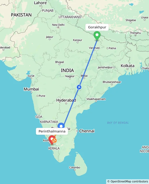 Route map showing distance and travel time from Gorakhpur, India to Perinthalmanna, India