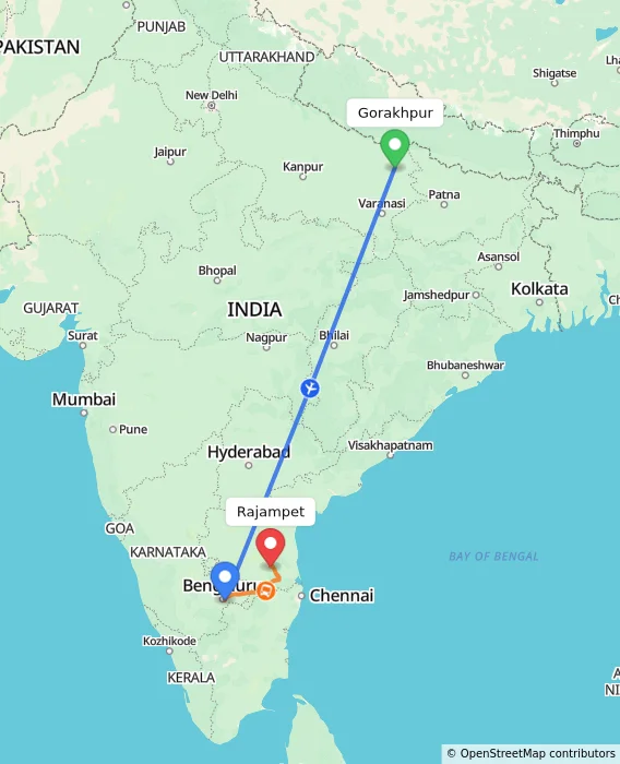 Route map showing distance and travel time from Gorakhpur, India to Rajampet, India