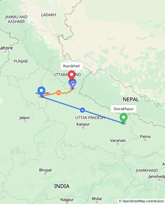 Route map showing distance and travel time from Gorakhpur, India to Ranikhet, India