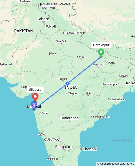 Route map showing distance and travel time from Gorakhpur, India to Silvassa, India
