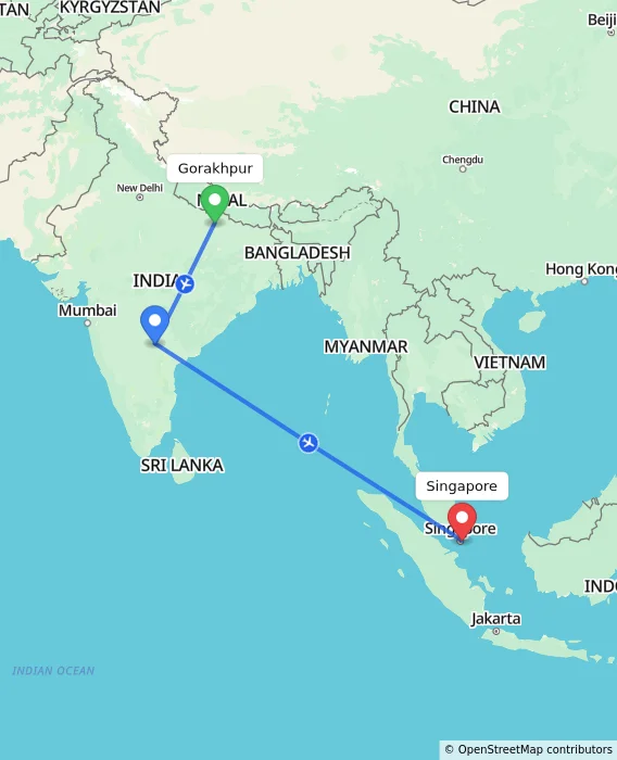 Route map showing distance and travel time from Gorakhpur, India to Singapore, Singapore