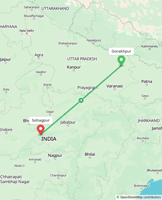 Route map showing distance and travel time from Gorakhpur, India to Sohagpur, India