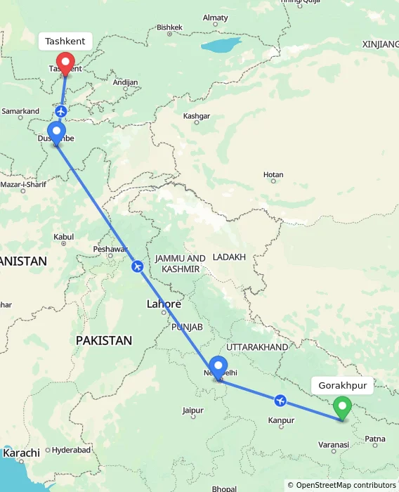 Route map showing distance and travel time from Gorakhpur, India to Tashkent, Uzbekistan
