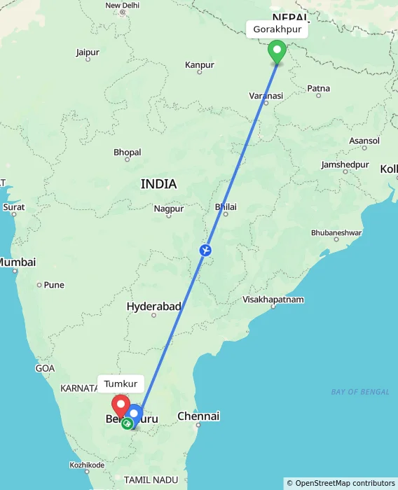 Route map showing distance and travel time from Gorakhpur, India to Tumkur, India