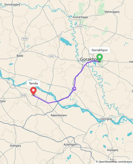 Route map showing distance and travel time from Gorakhpur, India to Tanda, India