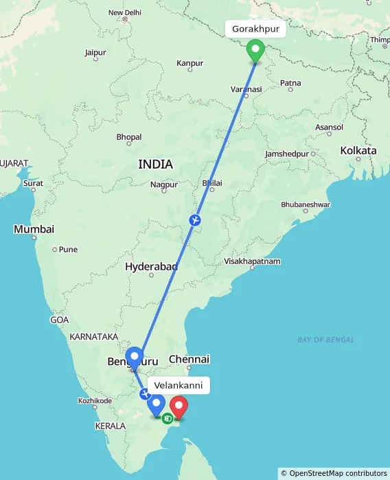 Route map showing distance and travel time from Gorakhpur, India to Velankanni, India