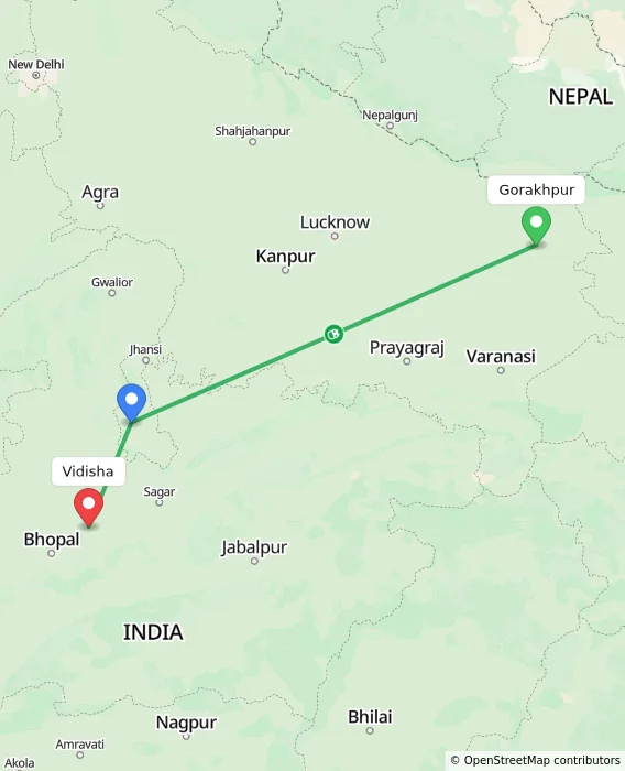 Route map showing distance and travel time from Gorakhpur, India to Vidisha, India