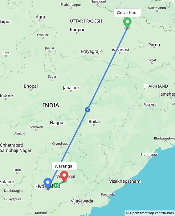 Route map showing distance and travel time from Gorakhpur, India to Warangal, India