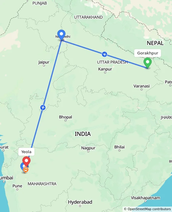 Route map showing distance and travel time from Gorakhpur, India to Yeola, India