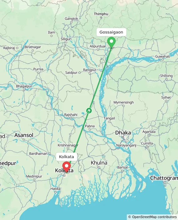 Route map showing distance and travel time from Gossaigaon, India to Kolkata, India