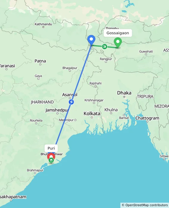 Route map showing distance and travel time from Gossaigaon, India to Puri, India